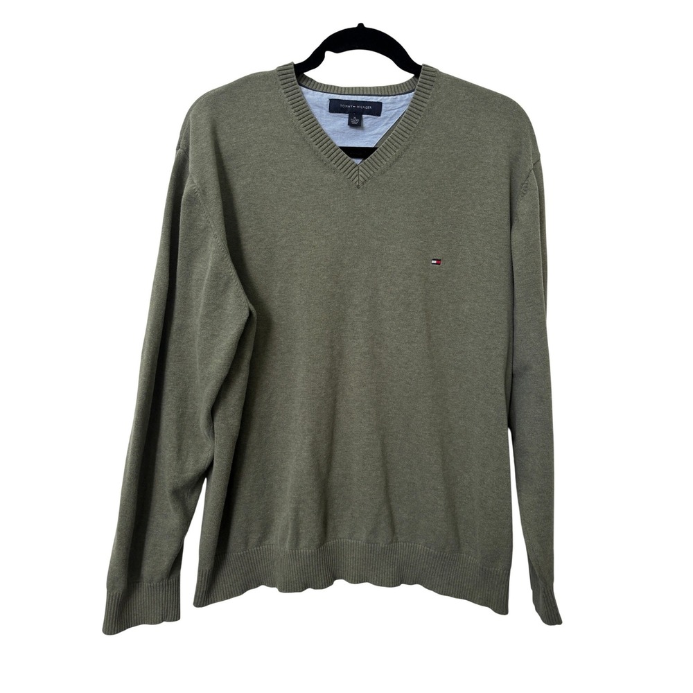 Tommy Hilfiger Mens XL Olive Green V-Neck Sweater Long Sleeve Logo Knit Pullover